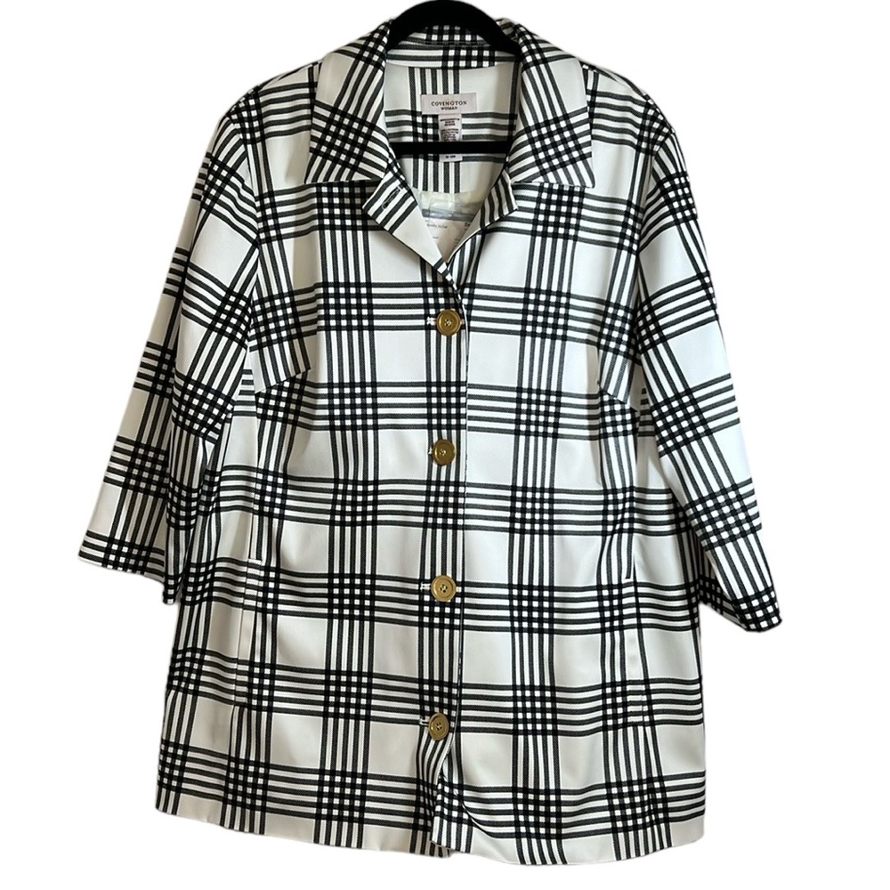 Covington Woman Button-Down Blazer Jacket, Black and White Plaid, 16-18W